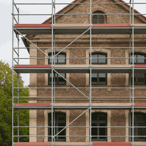 Ein rotes Backsteingebäude mit vielen Fenstern ist von einem Baugerüst umgeben. Die Fensterrahmen sind dunkel, und die Fassade zeigt historische Details. Im Hintergrund sind grüne Bäume und ein bewölkter Himmel zu sehen, was auf eine Fassadenrenovierung oder Bauarbeiten hindeutet.