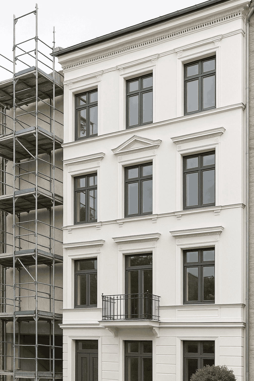 Fassadensanierung eines historischen Mehrfamilienhauses mit weißer Stuckfassade, modernen dunklen Fenstern und einem Balkon. Ein Baugerüst links deutet auf die kürzlich abgeschlossene oder laufende Renovierung des Altbaus hin.