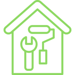 Grünes Icon mit Haus und Werkzeug – steht für Verpressarbeiten, Bauwerksabdichtung und Sanierung von Feuchtigkeitsschäden.